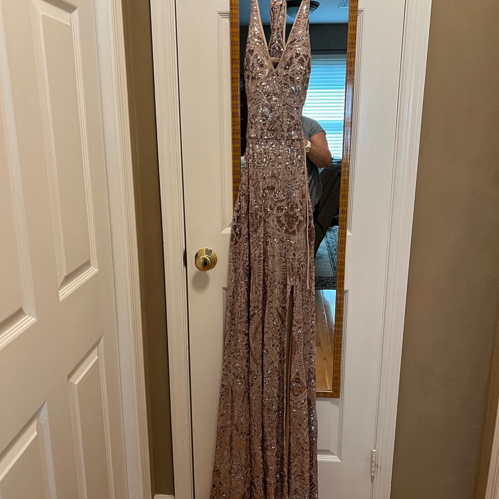 Betsy Adam Sequin Cut Out Gown with Lace Tie Back| Size: 10| Color: Blush